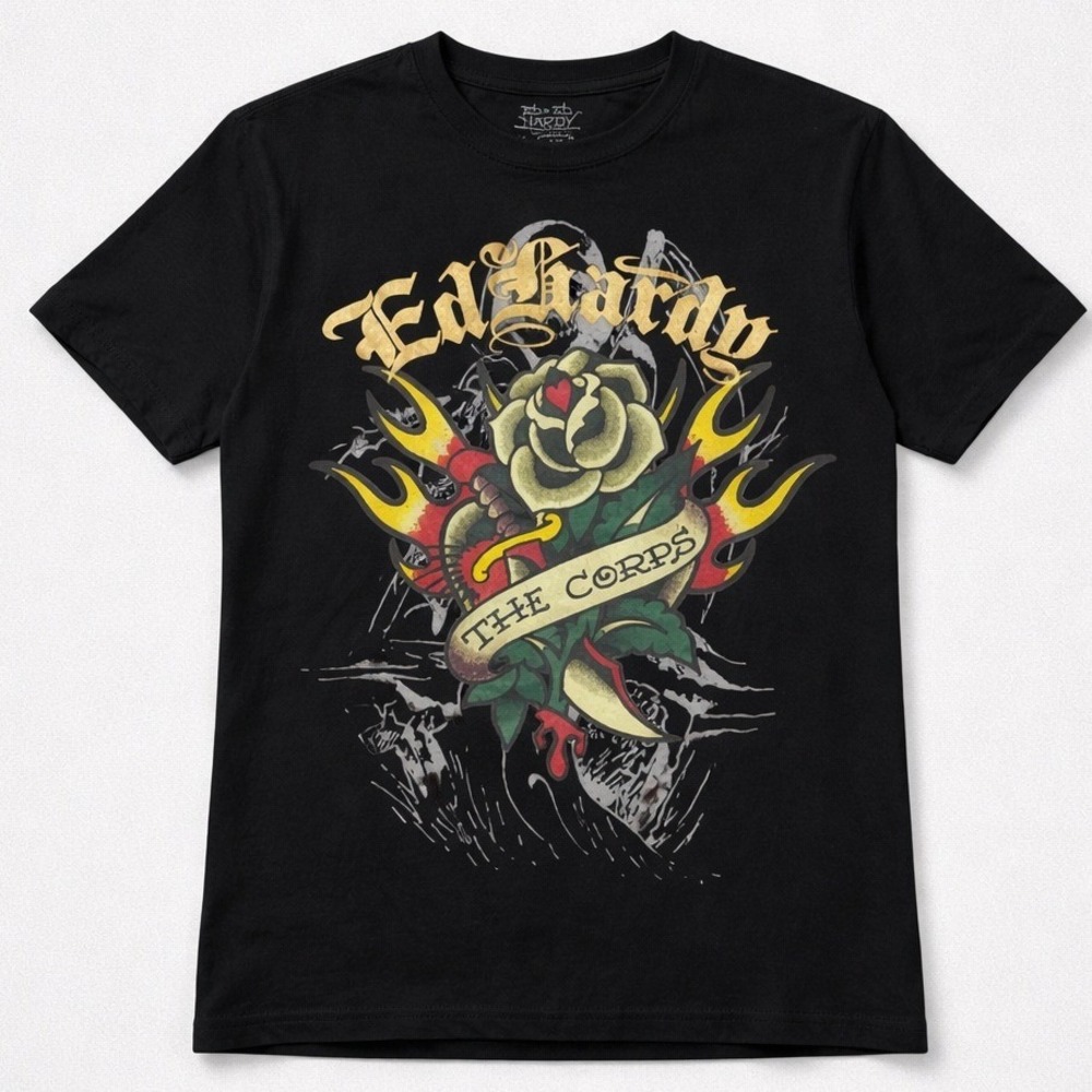 Ed Hardy Graphic T-Shirt Mens Small Black Rose Dagger The Corps EHM1100-178